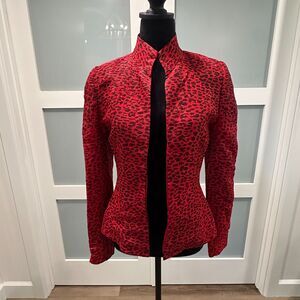 Vintage Red Black Leopard Textured Open Front Jacket Mandarin Collar Size 4